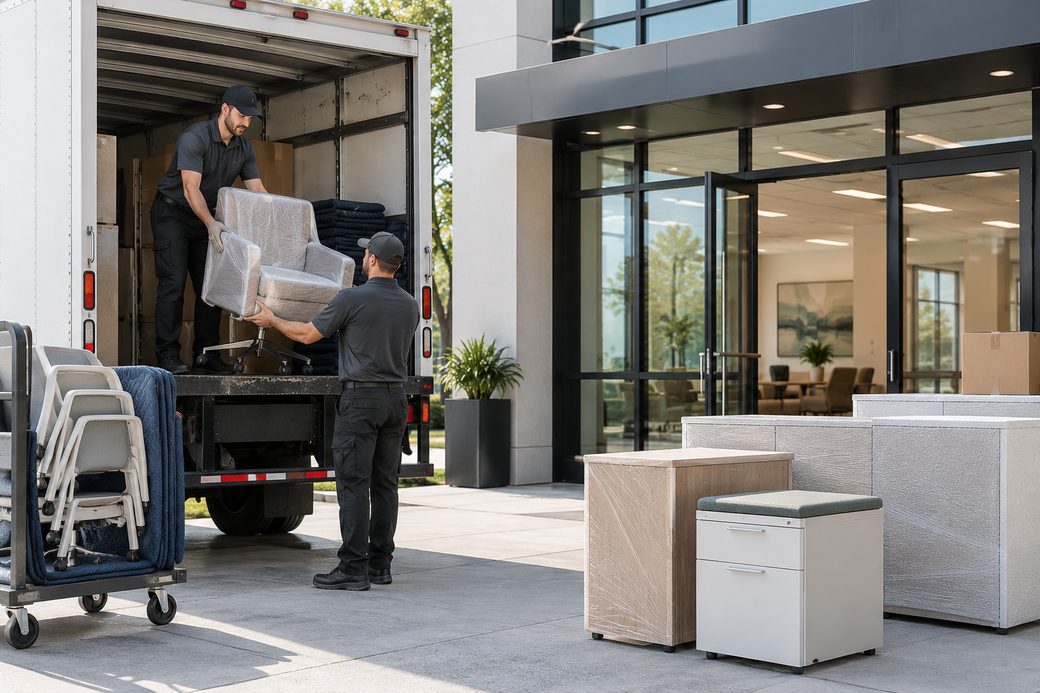 Movers unloading contract furniture from a truck at an office entrance