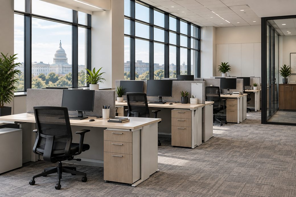 Government open-plan office with workstations and a Capitol view