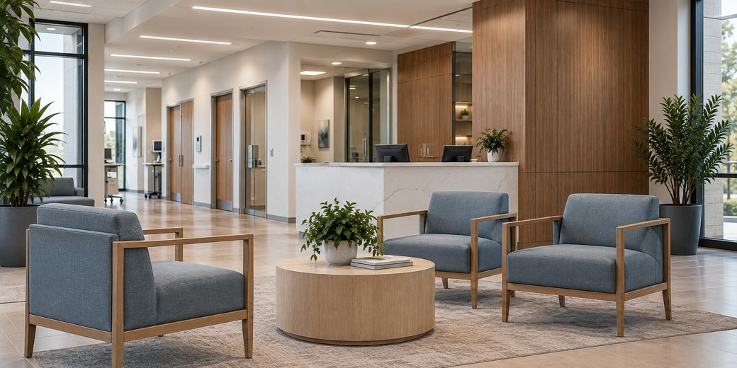 Healthcare lobby with lounge seating and a reception desk