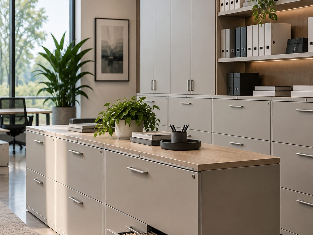 Lateral file cabinets and casegood storage in an office